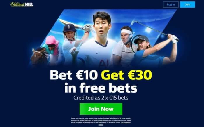 William Hill Promo Code, bet €10 get €30 in free bets.