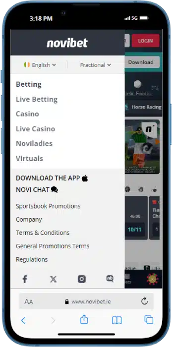 iOS Novibet Main Menu